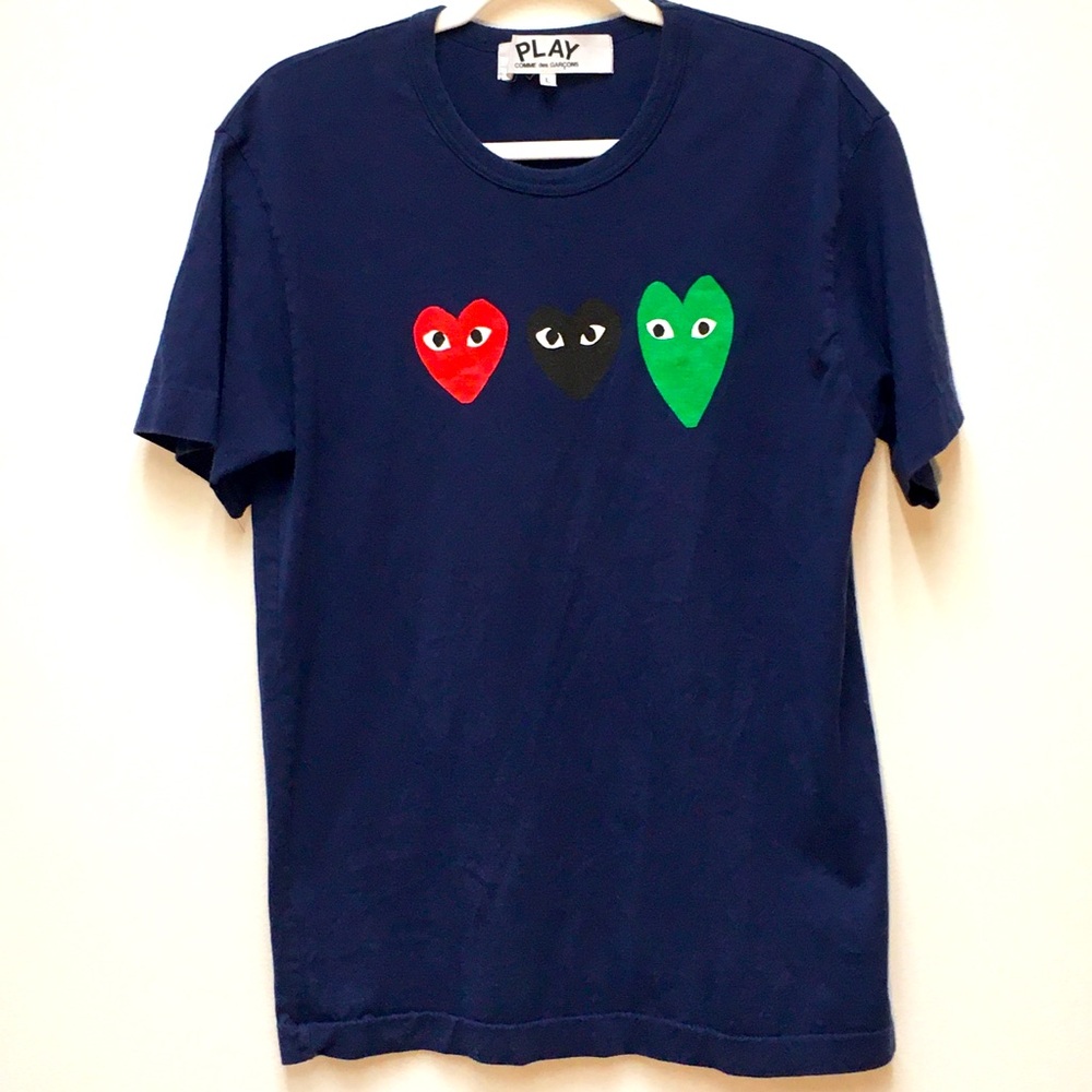 Comme Des Garcons Play Three Heart Logo T-shirt Large Blue 100% Cotton - Picture 2 of 9